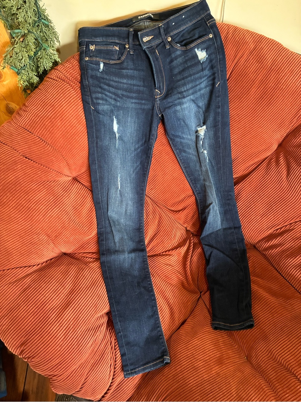 Express Dark Blue Skinny Jeans with Distressed Details